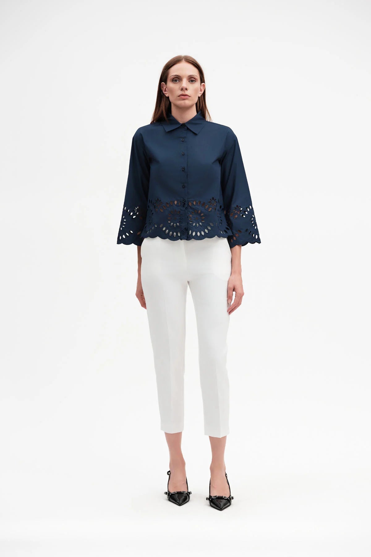 Griffai Camicia Manica 3/4 Popeline Traforato Donna Blu - DGP8032