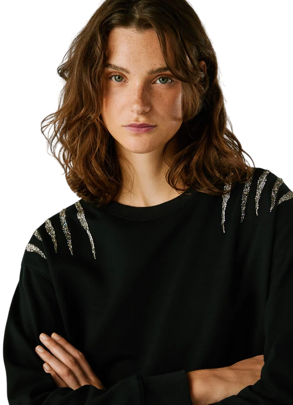 Pepe Jeans Felpa Donna PL5800024 Nero con Strass – Stile Urban Chic e Comfort Premium