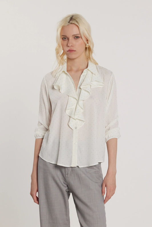 Relish Camicia da Donna YOUNG maniche tre quarti con arriccio e rouches più strass all over RDP2603009051 milk