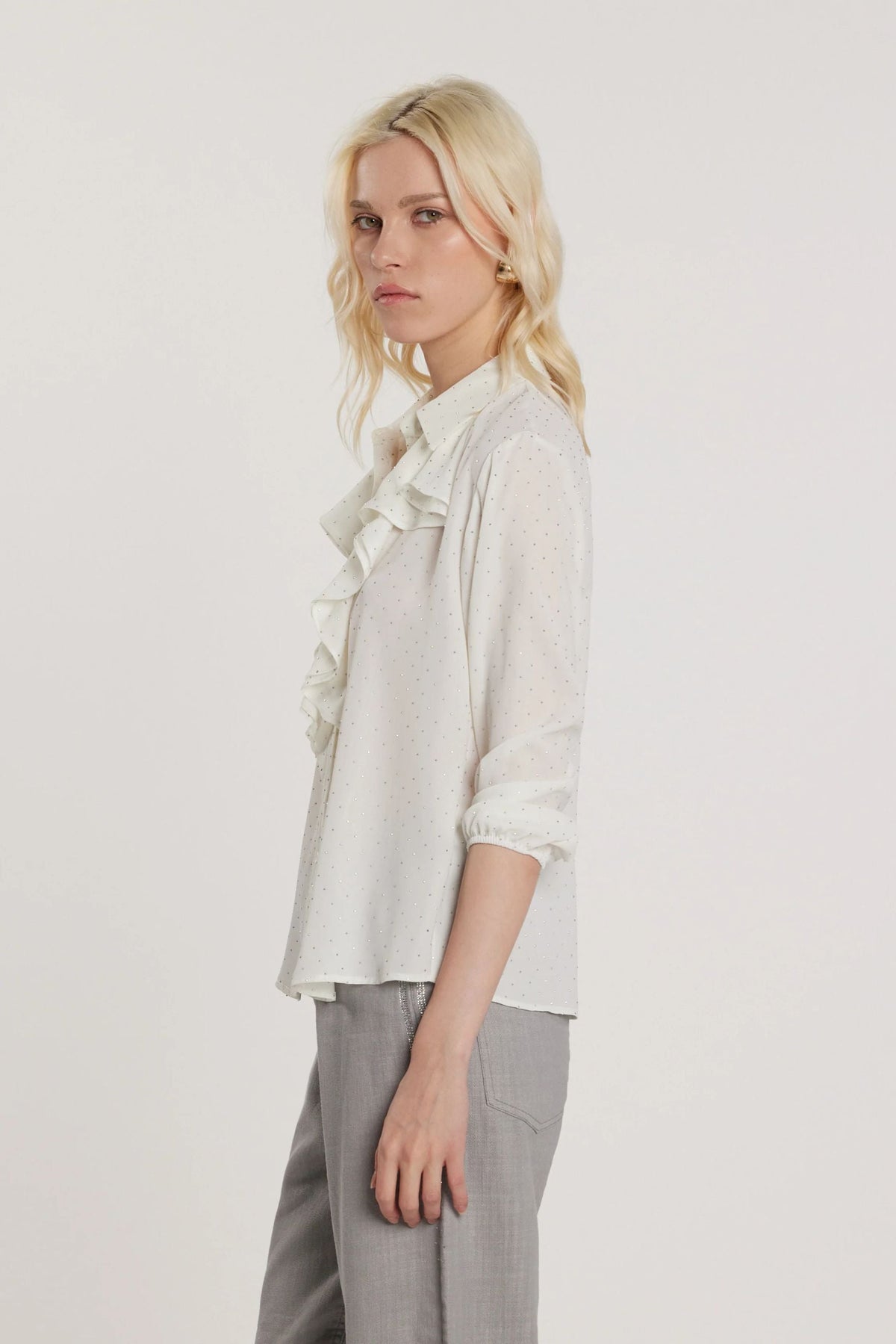 Relish Camicia da Donna YOUNG maniche tre quarti con arriccio e rouches più strass all over RDP2603009051 milk