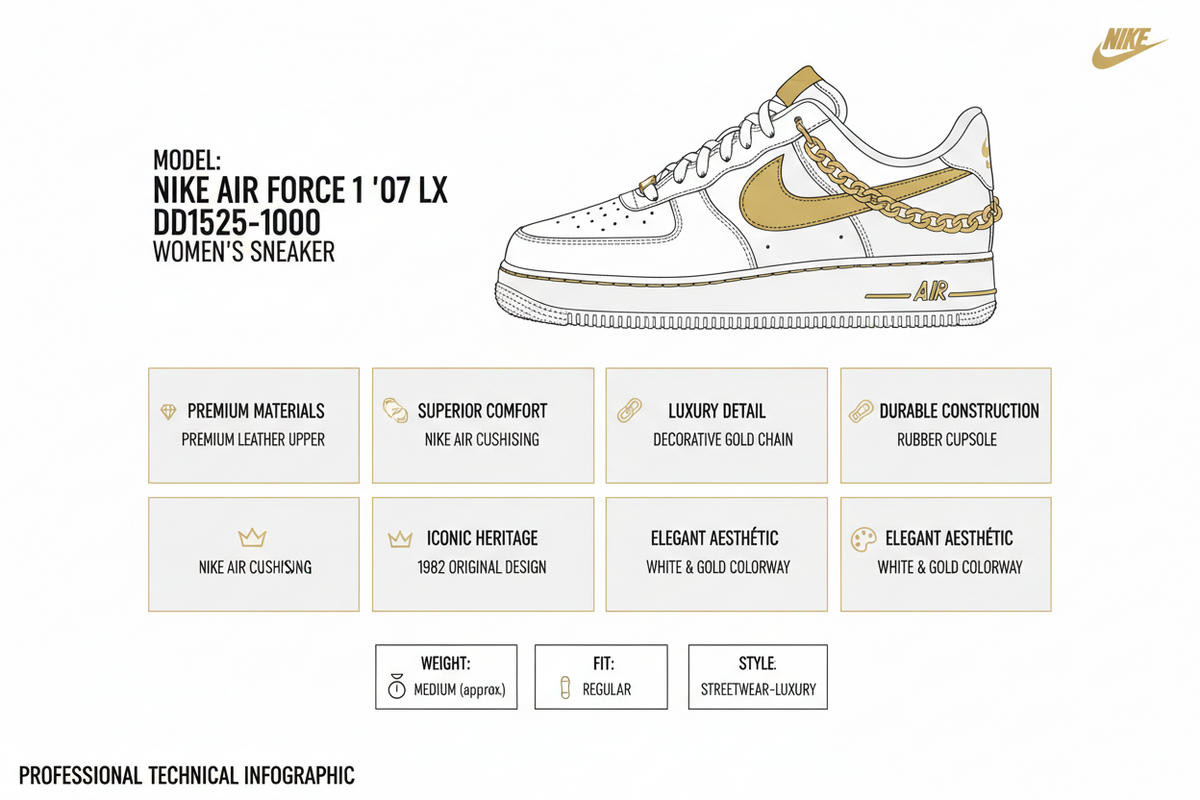 Nike Air Force 1 LX DD1525-100 Bianco Oro Donna Sneakers Catena Pelle Premium